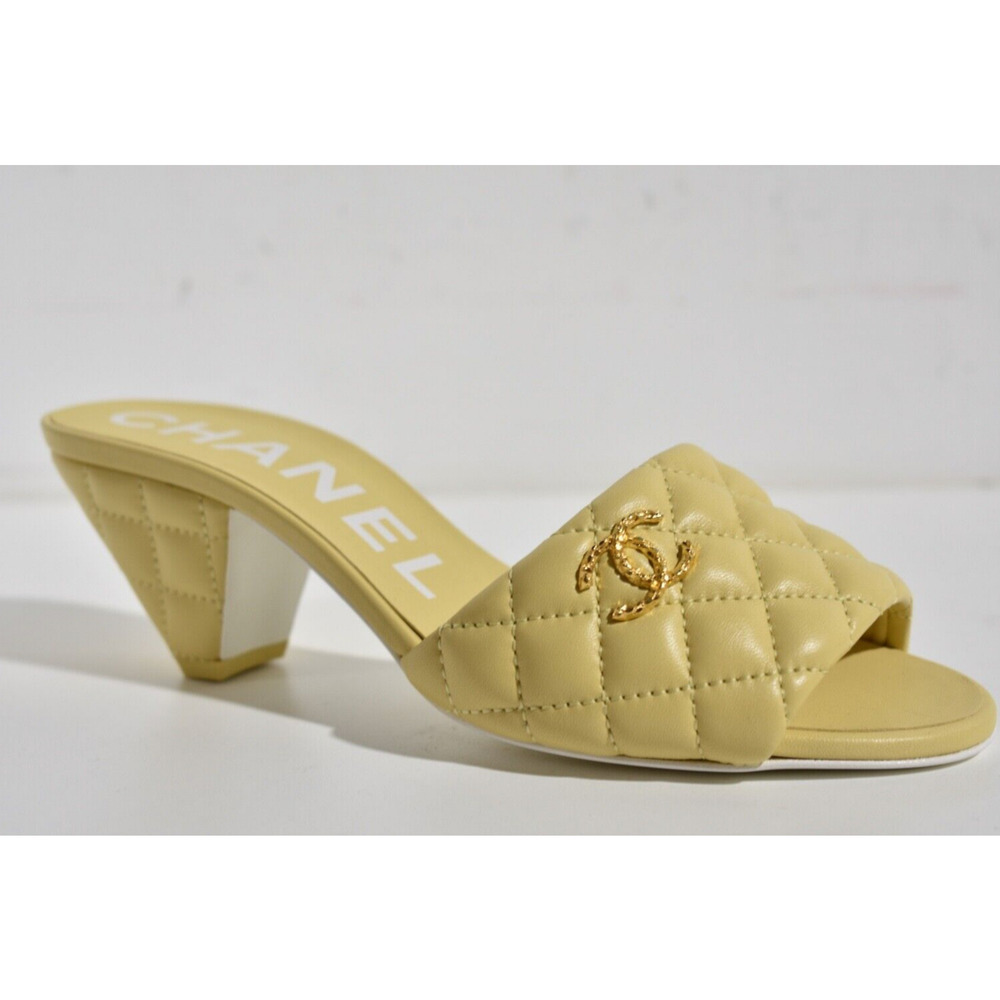 Chanel 22P Yellow Lambskin Quilted CC Gold Logo Cone Heel Mule Slide Sandal 38 - Picture 4 of 12